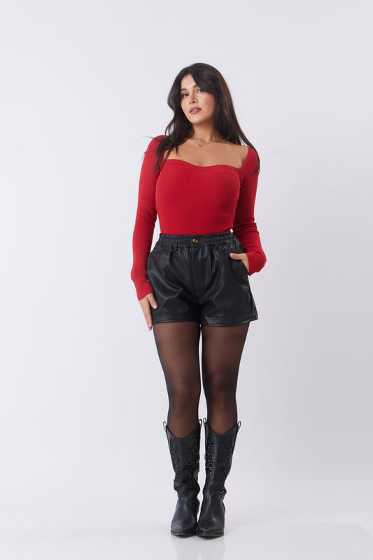 Mini Elastic Waist Leather Short