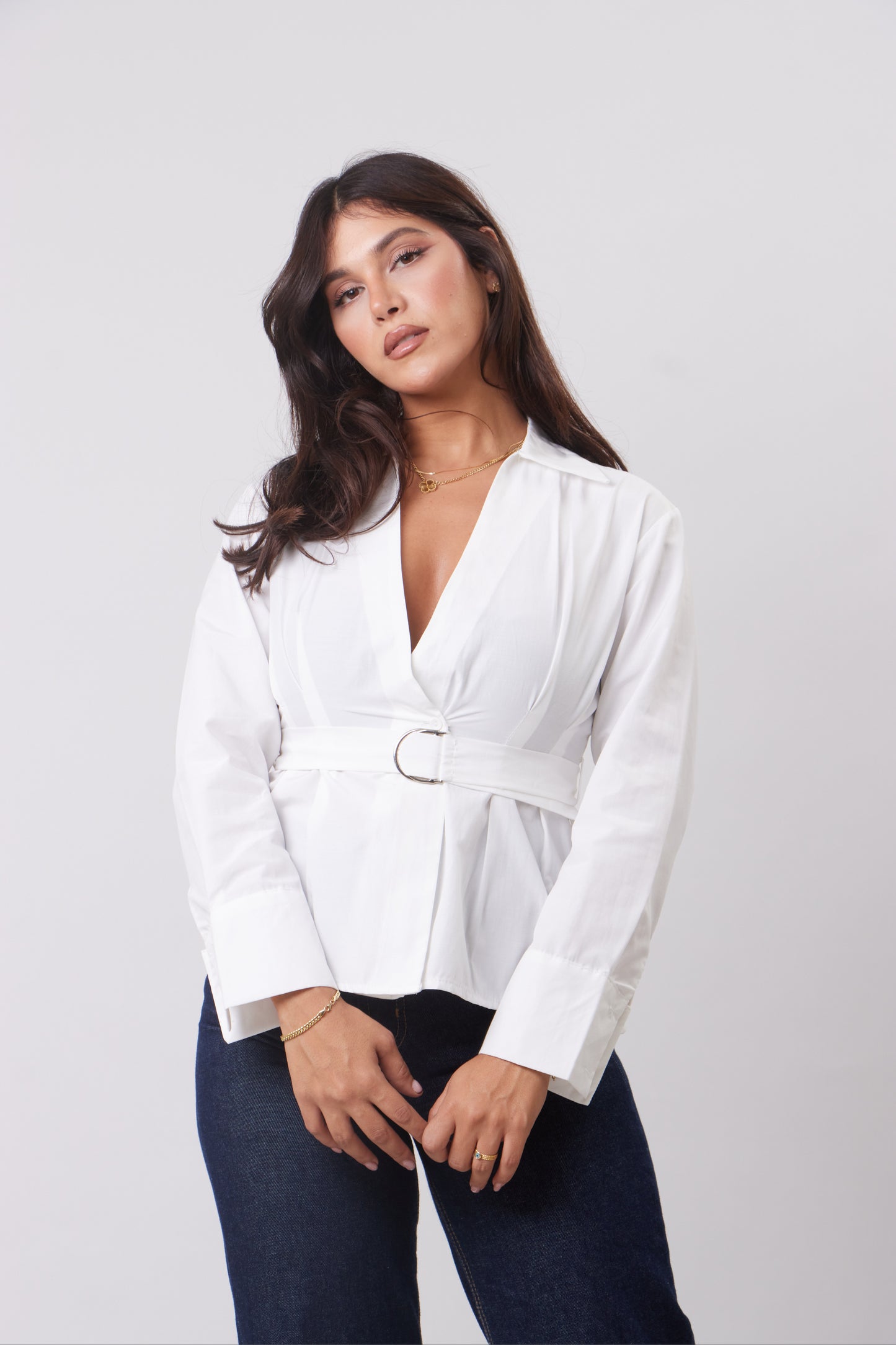 V-neck belted Shirt