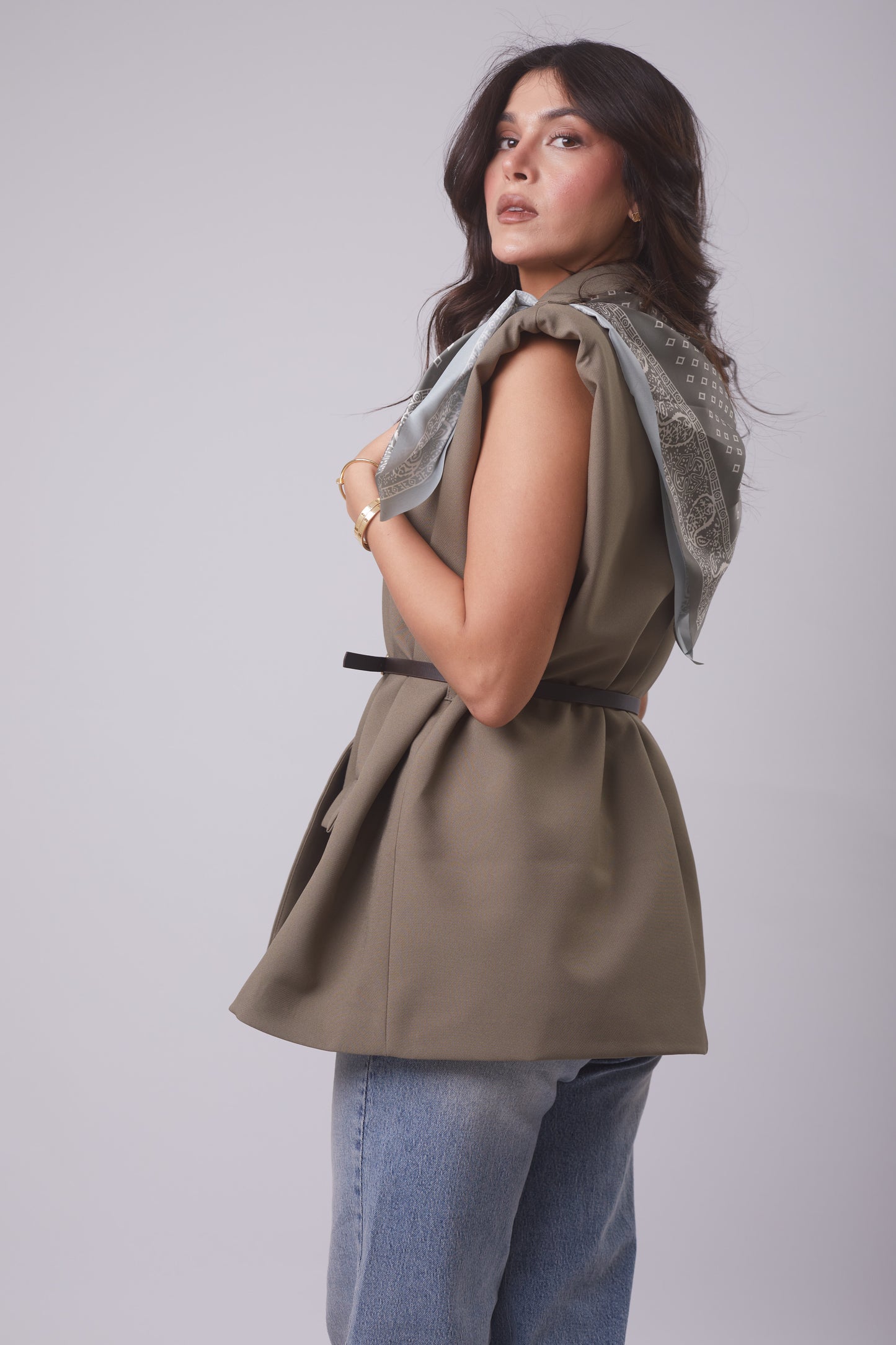 Oversized Belted Vest with Scarf