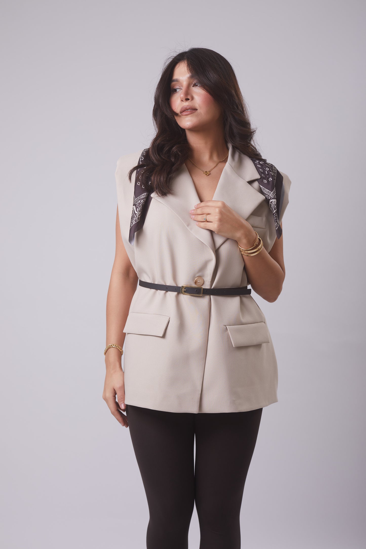 Oversized Belted Vest with Scarf