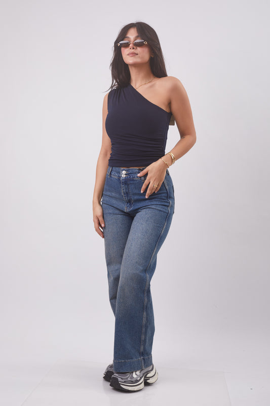 Straight cut double button jeans